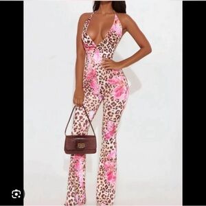 Fashion Jewelry Pink Leopard Print Halter Jumpsuit